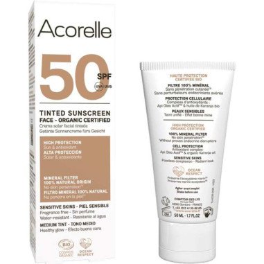 Crème Solaire Visage Teintée Bio SPF 30 ACORELLE - Teinte Dorée Médium